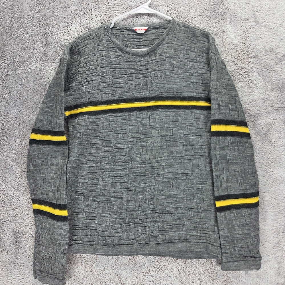Prada Sweater Mens Large Gray Textured Knit Yellow Stripe Crewneck Italy